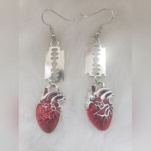 Silver Razor Blade Earrings with Red Anatomical Heart Charms